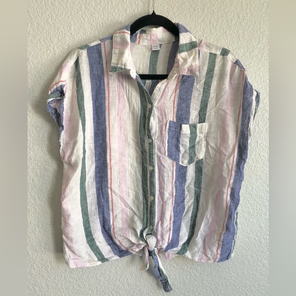Women’s linen and cotton button-down collared short sleeve blouse with tie front - Picture 1 of 6